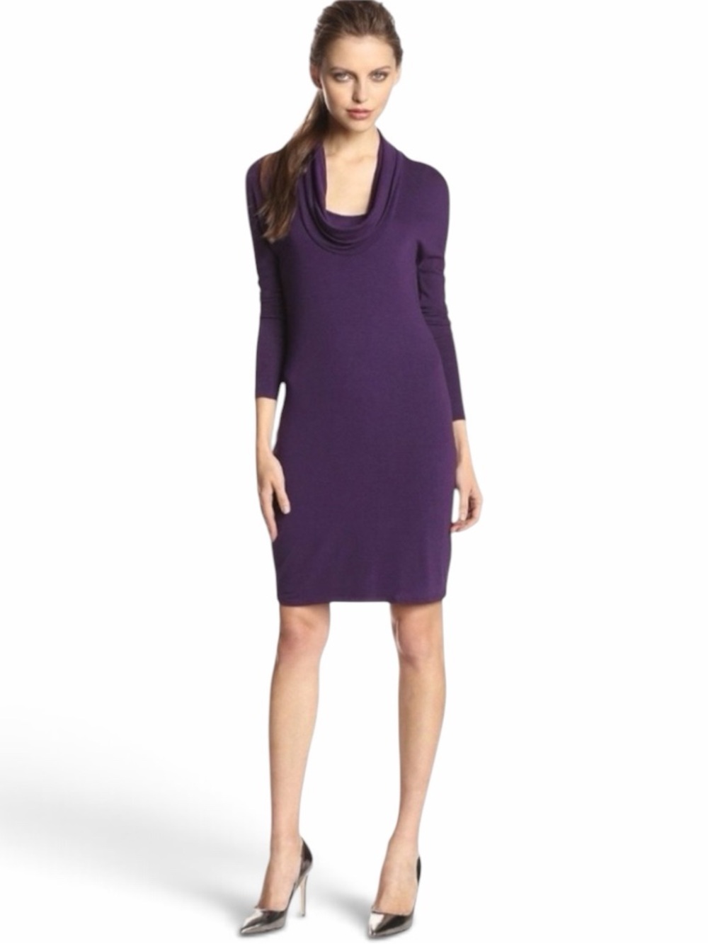 Three Dots Purple Cowl Neck Long Sleeve Jersey Knit Dress Size Small